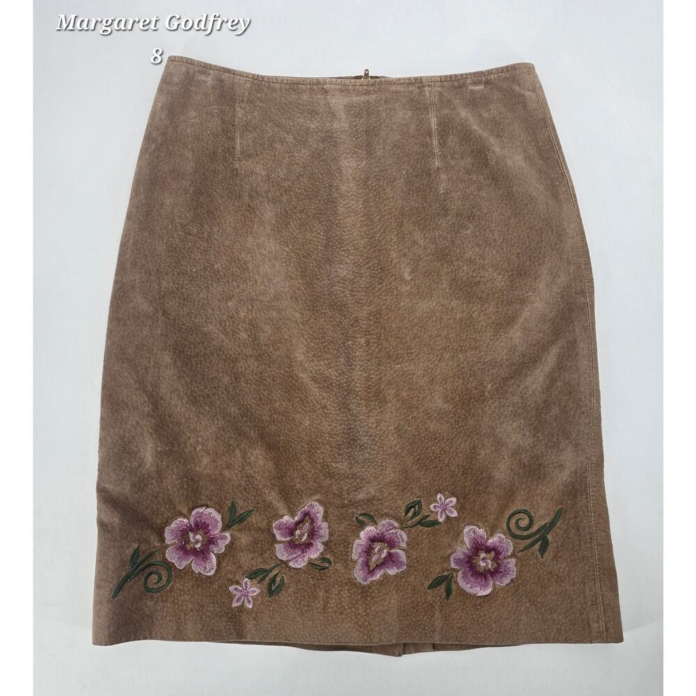 Margaret Godfrey Suede Leather Embroidered Midi Skirt 8 Floral Boho Earth‎ Tone